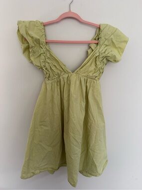 Light Green Puff Sleeve V-Neck Mini Dress